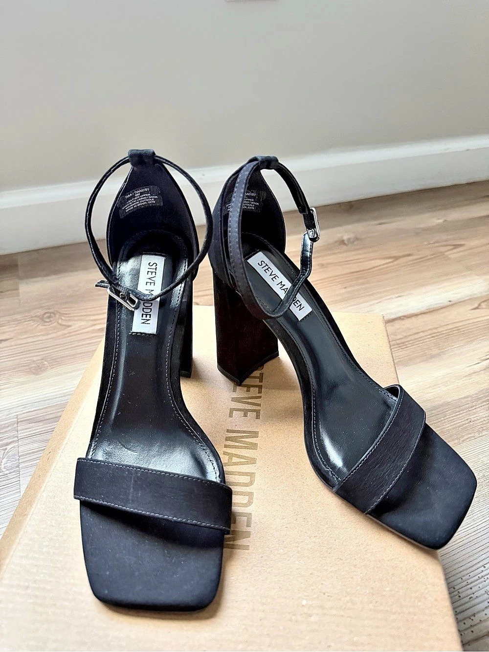 Steve Madden Tiaa Black Nubuck Heeled Sandal Black Square Toe Block Heel Sandals
